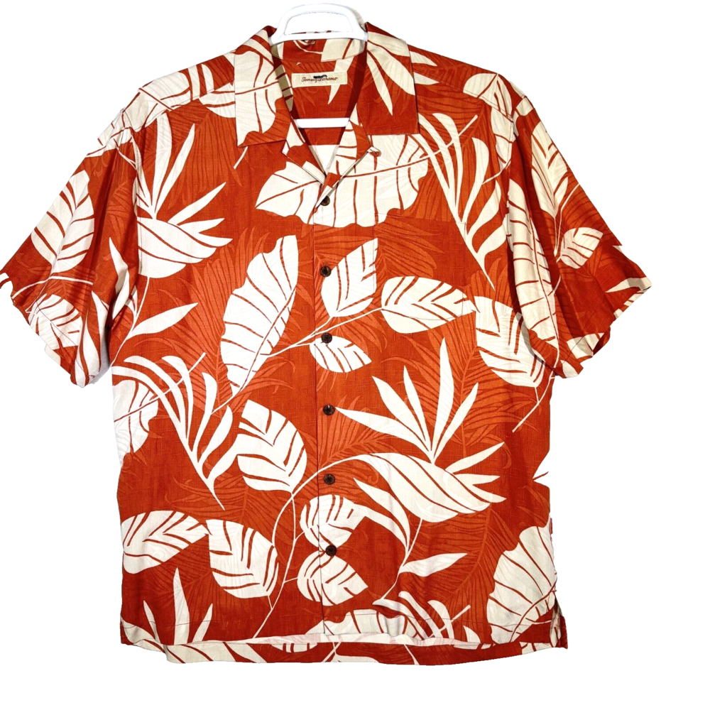Tommy Bahama Shirt Men’s Large Orange Silk Tropical Floral Print Short Sleeve